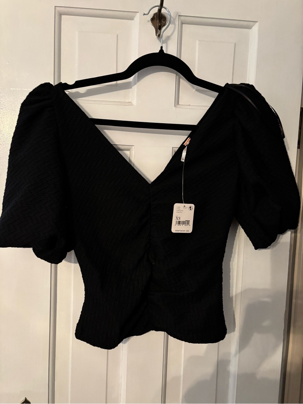 Free People Black Puff-Sleeve V-Neck Top